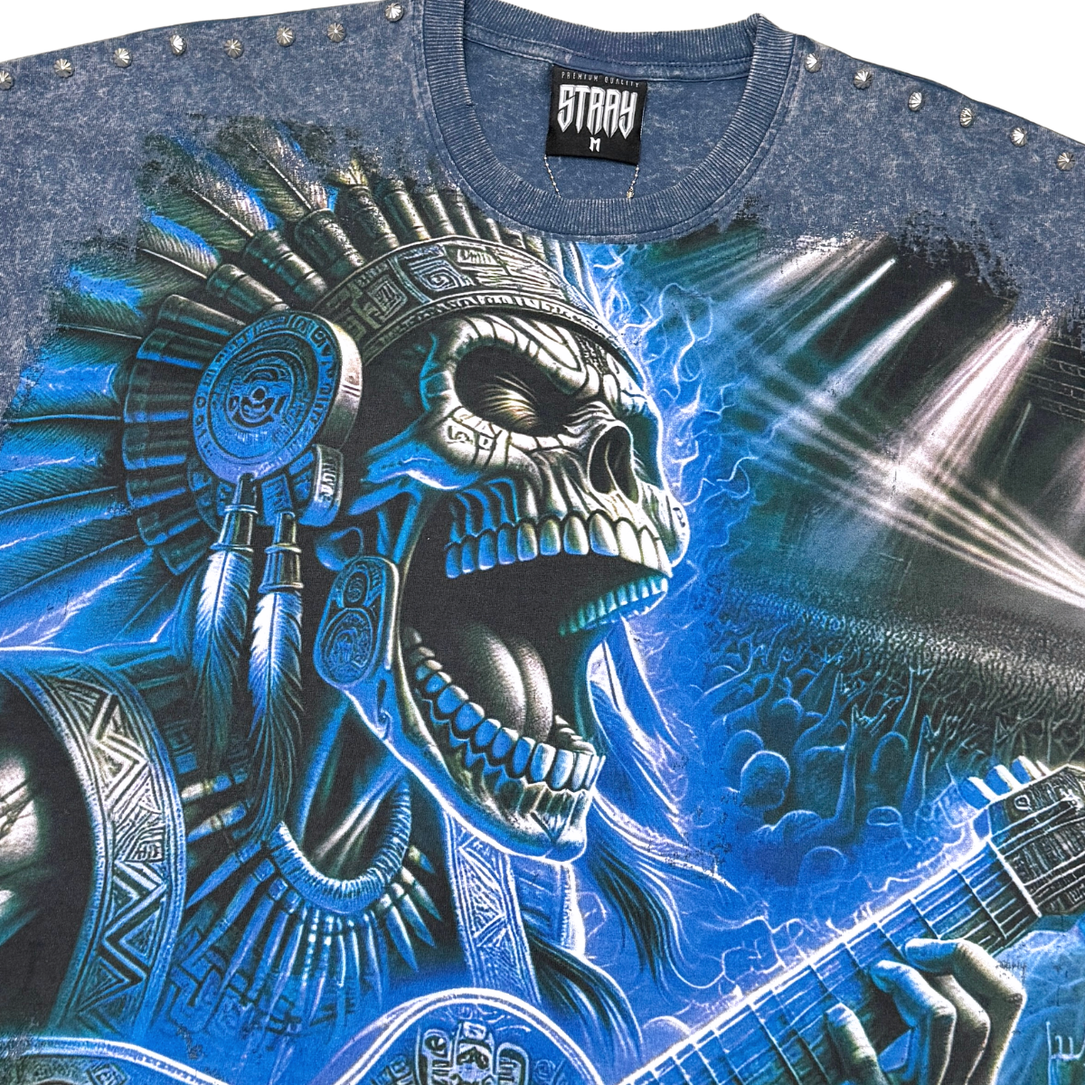 Stray Acid Washed Digital Print Metal Stud Trim T-Shirt – Navy