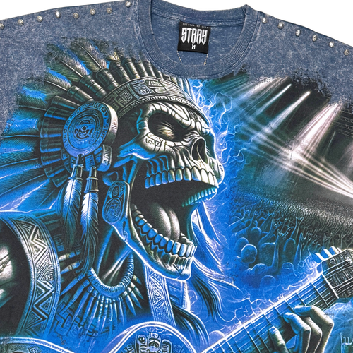 Stray Acid Washed Digital Print Metal Stud Trim T-Shirt – Navy