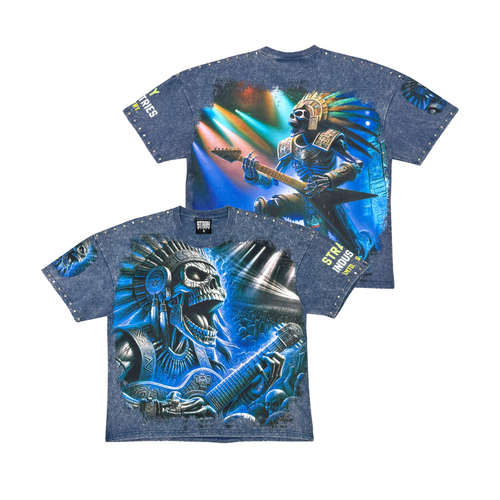 Stray Acid Washed Digital Print Metal Stud Trim T-Shirt – Navy
