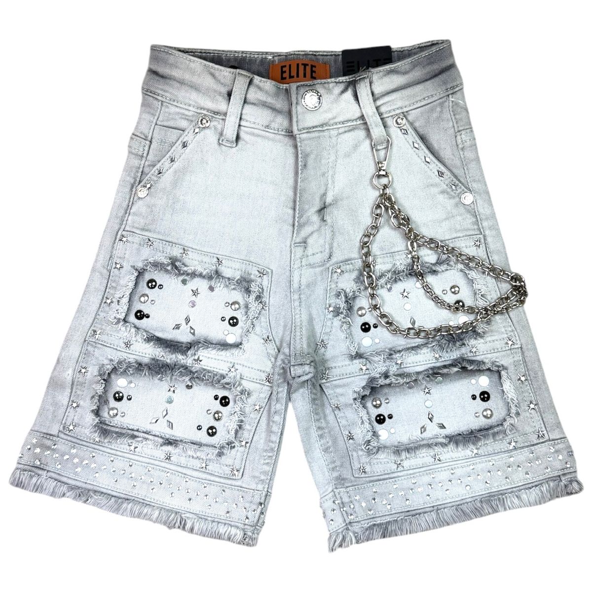 Elite Premium Denim Flint Embellished Denim Shorts – Grey Wash