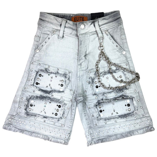 Elite Premium Denim Flint Embellished Denim Shorts – Grey Wash