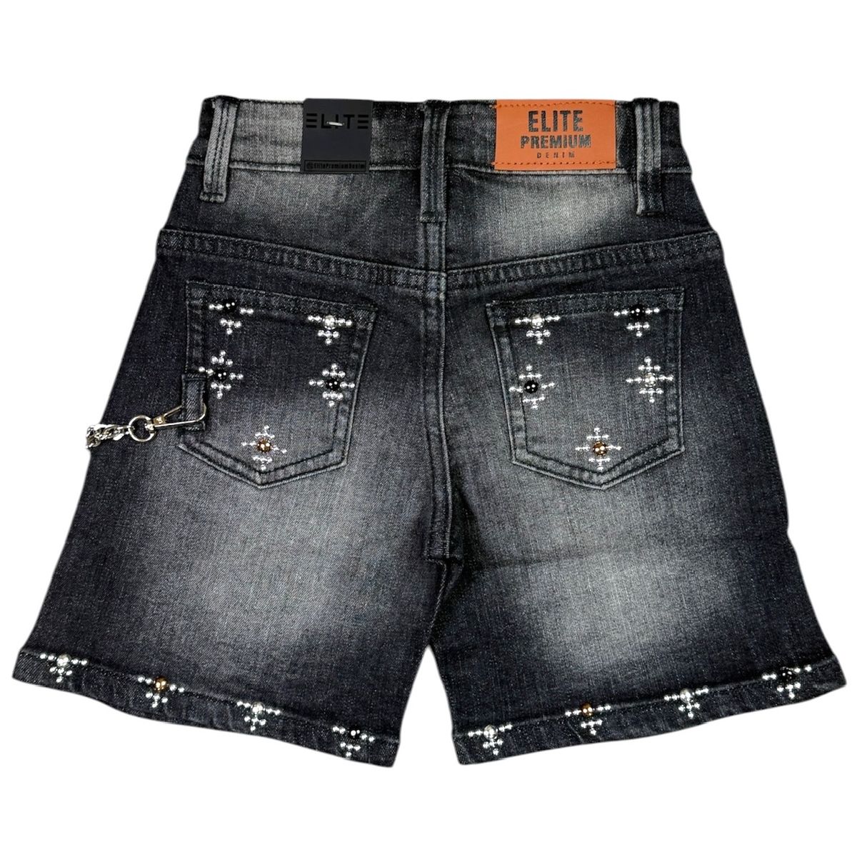 Elite Premium Denim Faded Embellished Denim Shorts – Black Wash