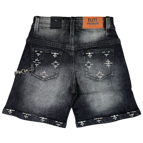 Elite Premium Denim Faded Embellished Denim Shorts – Black Wash