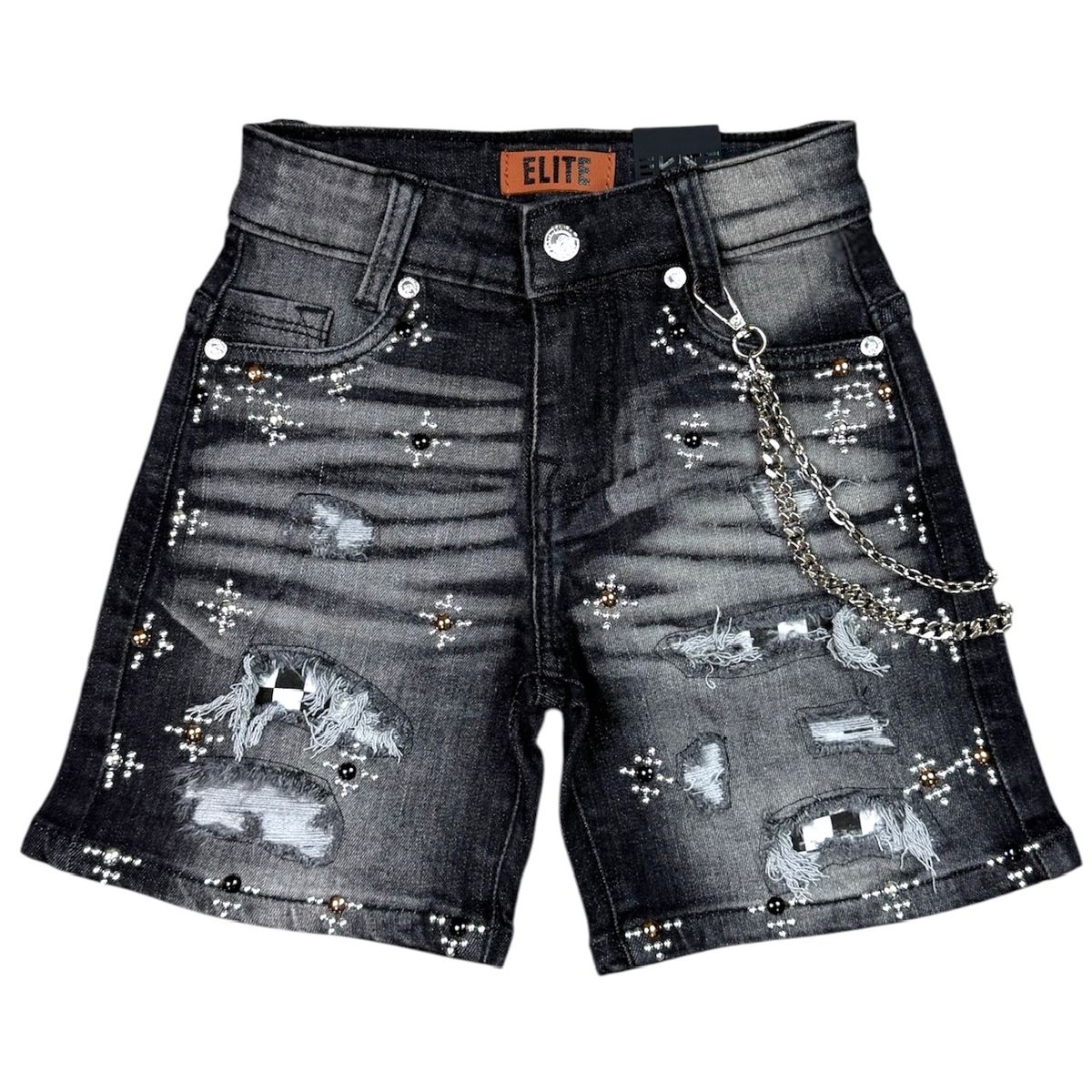 Elite Premium Denim Faded Embellished Denim Shorts – Black Wash