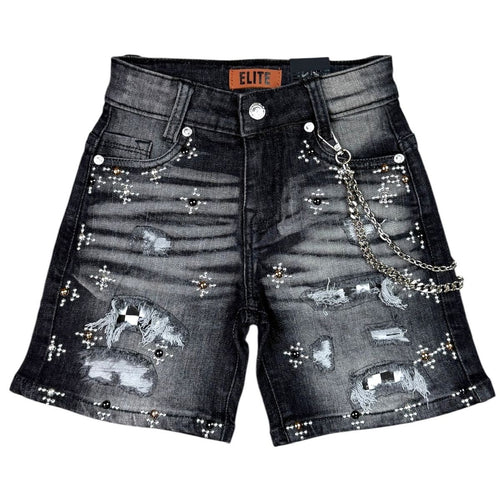 Elite Premium Denim Faded Embellished Denim Shorts – Black Wash