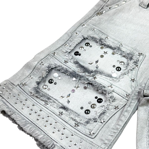 Elite Premium Denim Flint Embellished Denim Shorts – Grey Wash