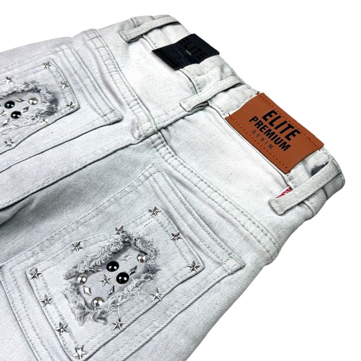 Elite Premium Denim Flint Embellished Denim Shorts – Grey Wash
