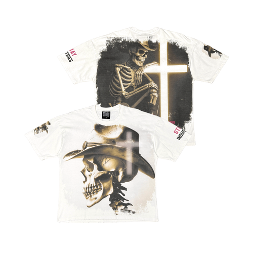 Stray Acid Washed Digital Print Metal Stud Trim T-Shirt – Natural