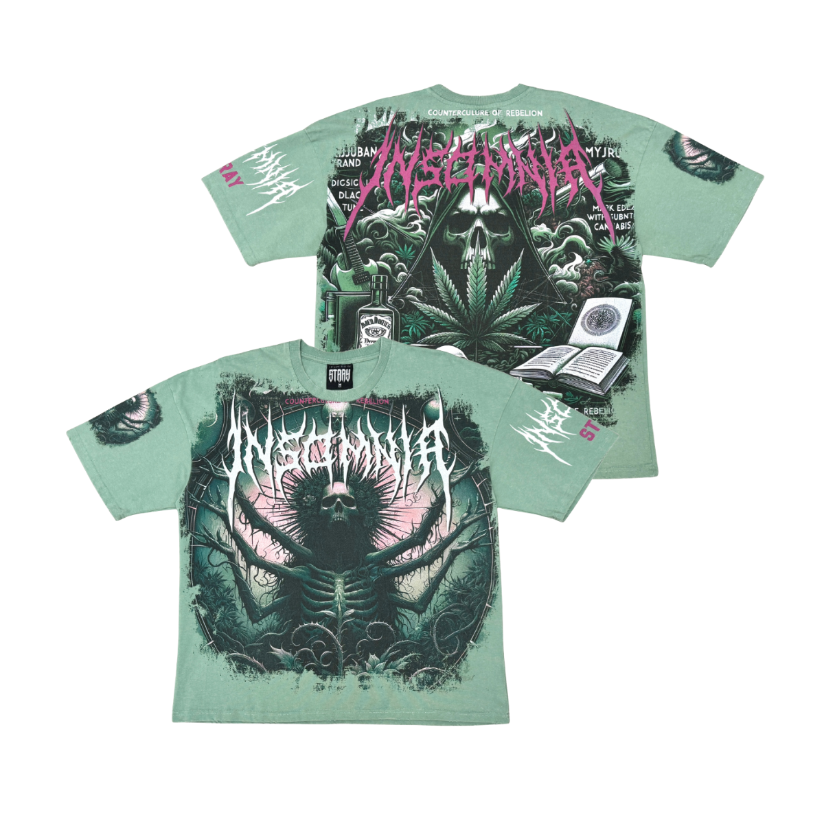Stray Acid Washed Digital Print Metal Stud Trim T-Shirt – Moss