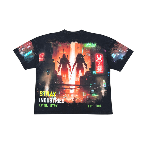 Stray Acid Washed Digital Print Metal Stud Trim T-Shirt – Black