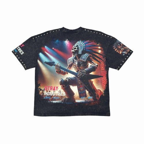 Stray Acid Washed Digital Print Metal Stud Trim T-Shirt – Black