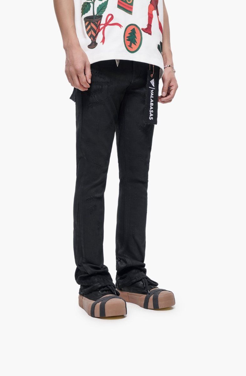 Wired Black Waxed Stacked Jeans