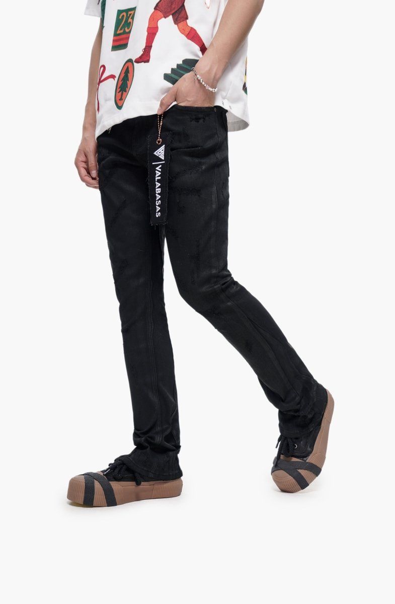 Wired Black Waxed Stacked Jeans