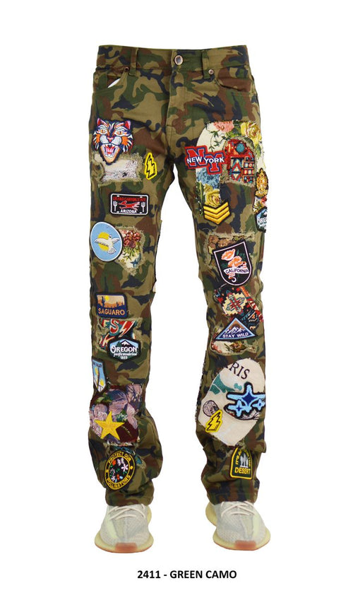 Focus Men's Patchwork Embroidery Stacked Denim - Green Camo (Style 2411)