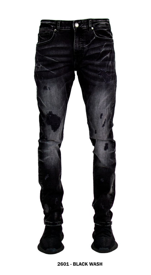 Focus Men's Distressed Slim Fit Fashion Denim - Black Wash (Style 2601)