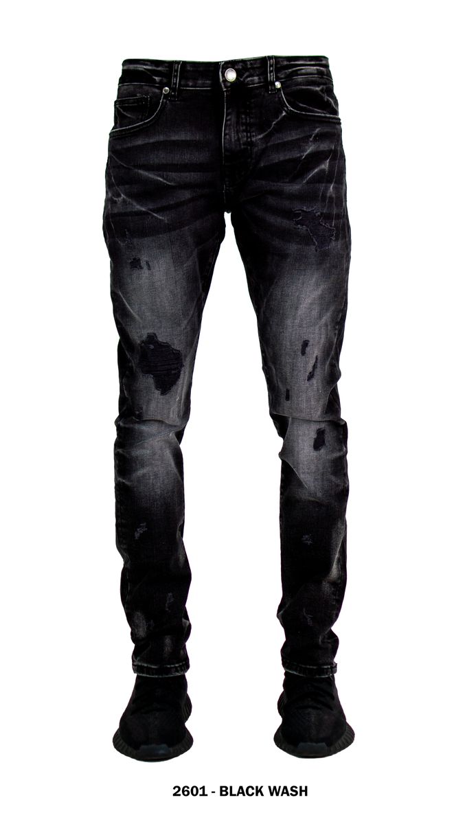 Focus Men's Distressed Slim Fit Fashion Denim - Black Wash (Style 2601)