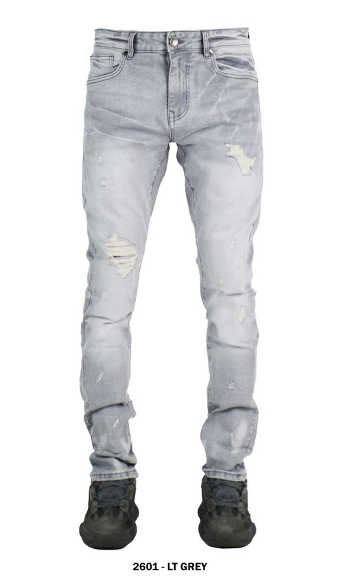 Focus Men's Distressed Slim Fit Fashion Denim - Light Grey (Style 2601)