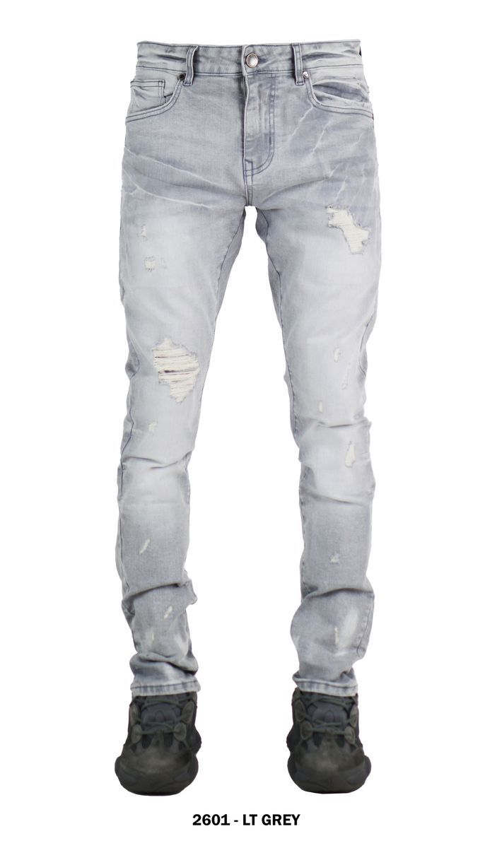 Focus Men's Distressed Slim Fit Fashion Denim - Light Grey (Style 2601)