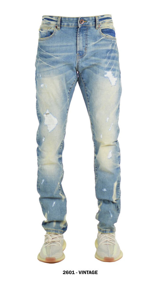 Focus Men's Distressed Slim Fit Fashion Denim - Vintage (Style 2601)