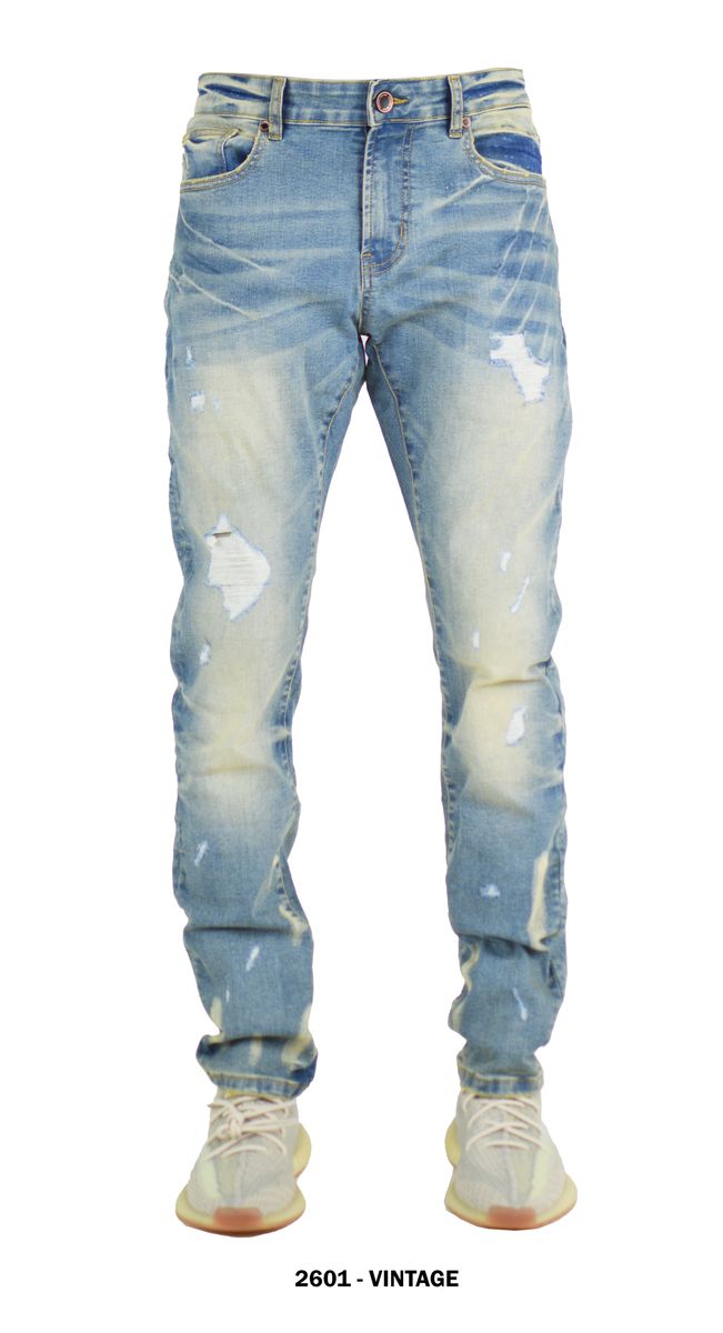 Focus Men's Distressed Slim Fit Fashion Denim - Vintage (Style 2601)