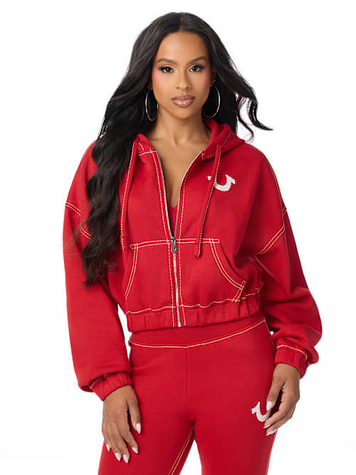 True Religion Women's Big T Crystal Girlfriend Zip Up Hoodie