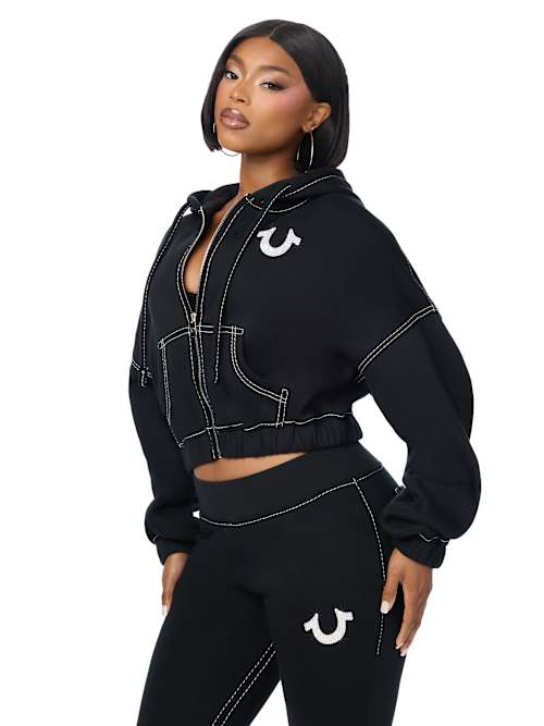 True Religion Women's Big T Crystal Girlfriend Zip Up Hoodie