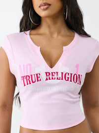 True Religion Women's Applique Heritage Notch Neck Tee - Cherry Blossom