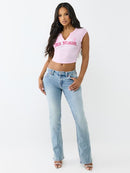 True Religion Women's Applique Heritage Notch Neck Tee - Cherry Blossom