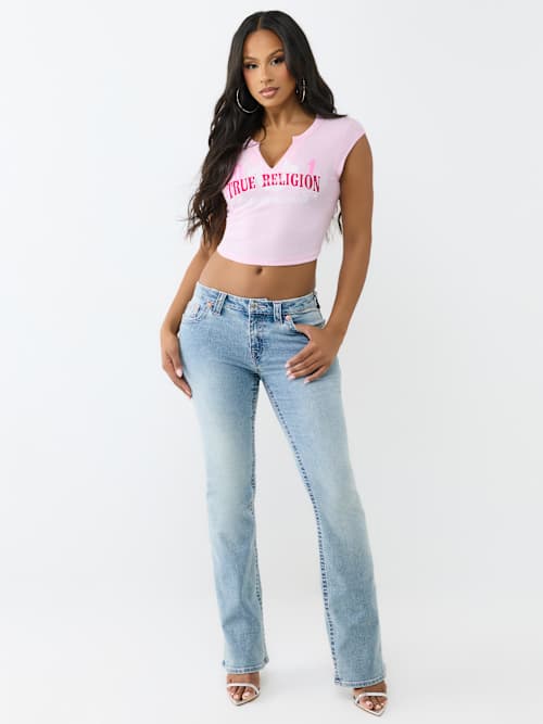 True Religion Women's Applique Heritage Notch Neck Tee - Cherry Blossom