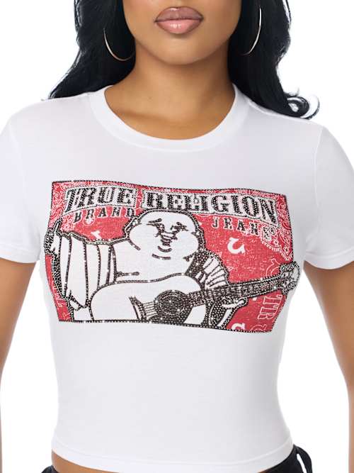 True Religion Women's Crystal Buddha Bandana Baby Tee - Optic White