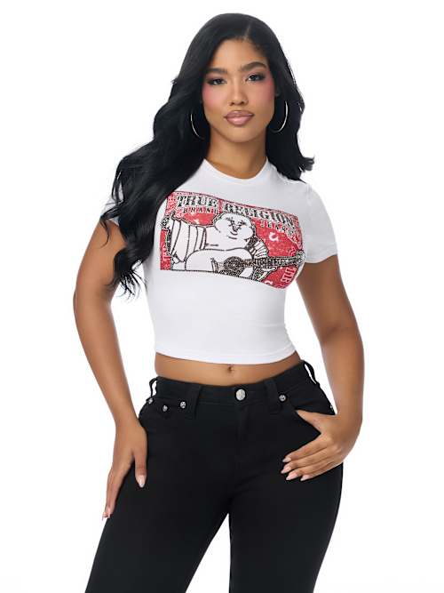 True Religion Women's Crystal Buddha Bandana Baby Tee - Optic White