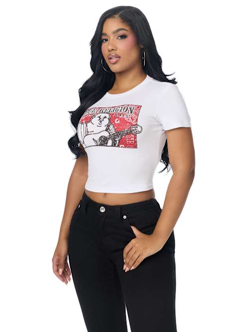 True Religion Women's Crystal Buddha Bandana Baby Tee - Optic White