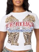 True Religion Women's Crystal Leopard Baby Tee - Optic White