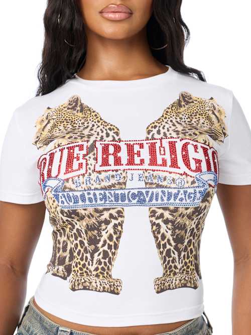 True Religion Women's Crystal Leopard Baby Tee - Optic White