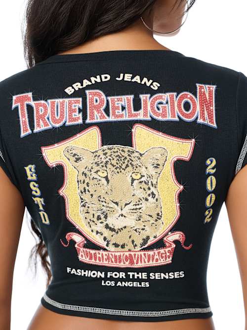 True Religion Women's Crystal Leopard Rib Notch Neck Tee - Jet Black