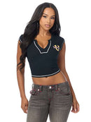True Religion Women's Crystal Leopard Rib Notch Neck Tee - Jet Black