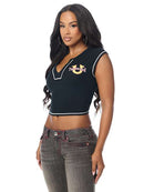 True Religion Women's Crystal Leopard Rib Notch Neck Tee - Jet Black