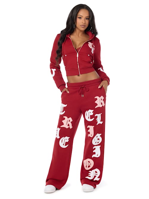 True Religion Women's Applique Mid Rise Straight Leg Sweatpants - Red Dahlia