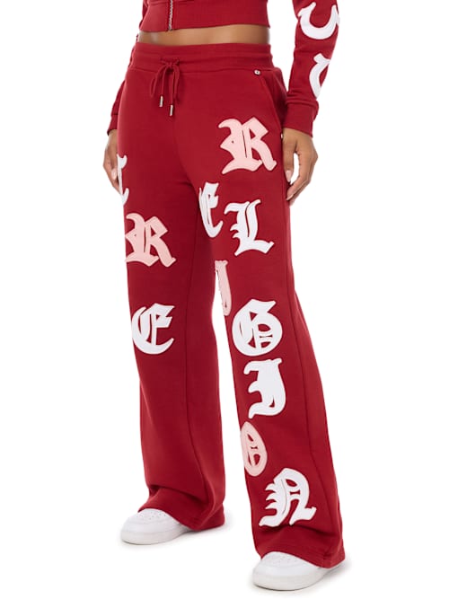 True Religion Women's Applique Mid Rise Straight Leg Sweatpants - Red Dahlia
