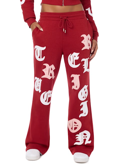 True Religion Women's Applique Mid Rise Straight Leg Sweatpants - Red Dahlia