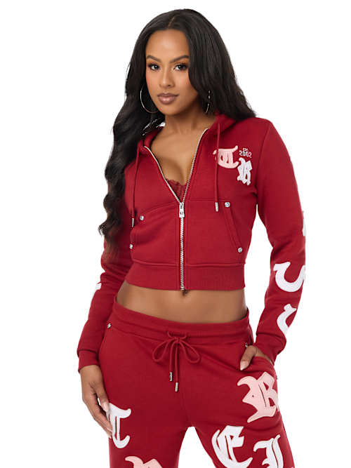 True Religion Women's Applique Shrunken Zip Up Hoodie - Red Dahlia