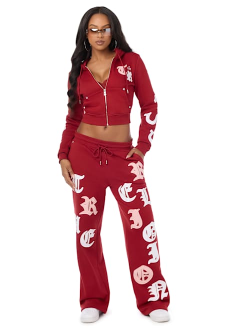 True Religion Women's Applique Shrunken Zip Up Hoodie - Red Dahlia