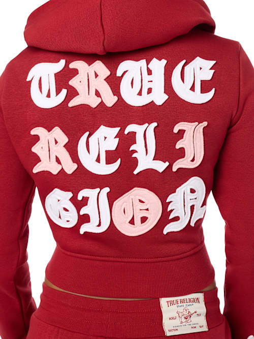 True Religion Women's Applique Shrunken Zip Up Hoodie - Red Dahlia