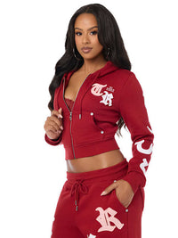 True Religion Women's Applique Shrunken Zip Up Hoodie - Red Dahlia